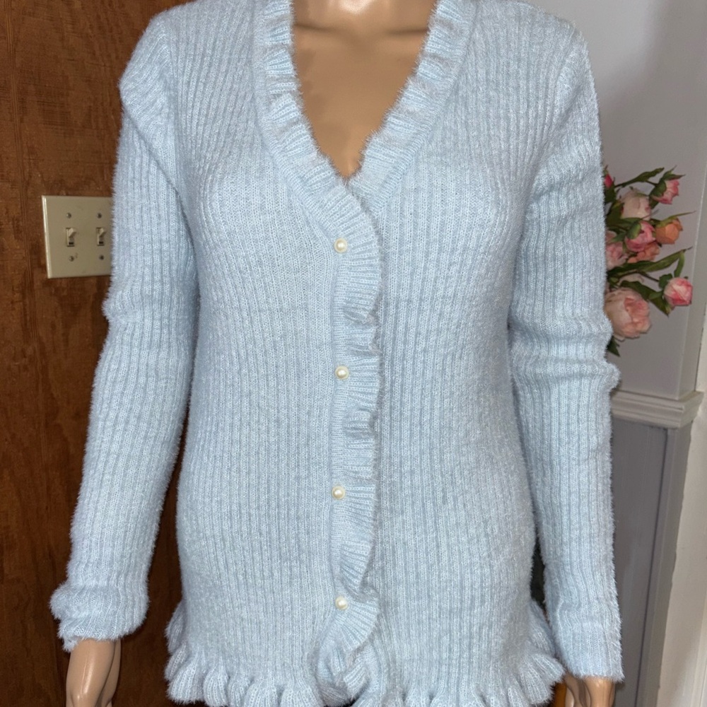 Inner Circle XL Baby Blue Fuzzy Ruffle Cardigan w Pearl Buttons